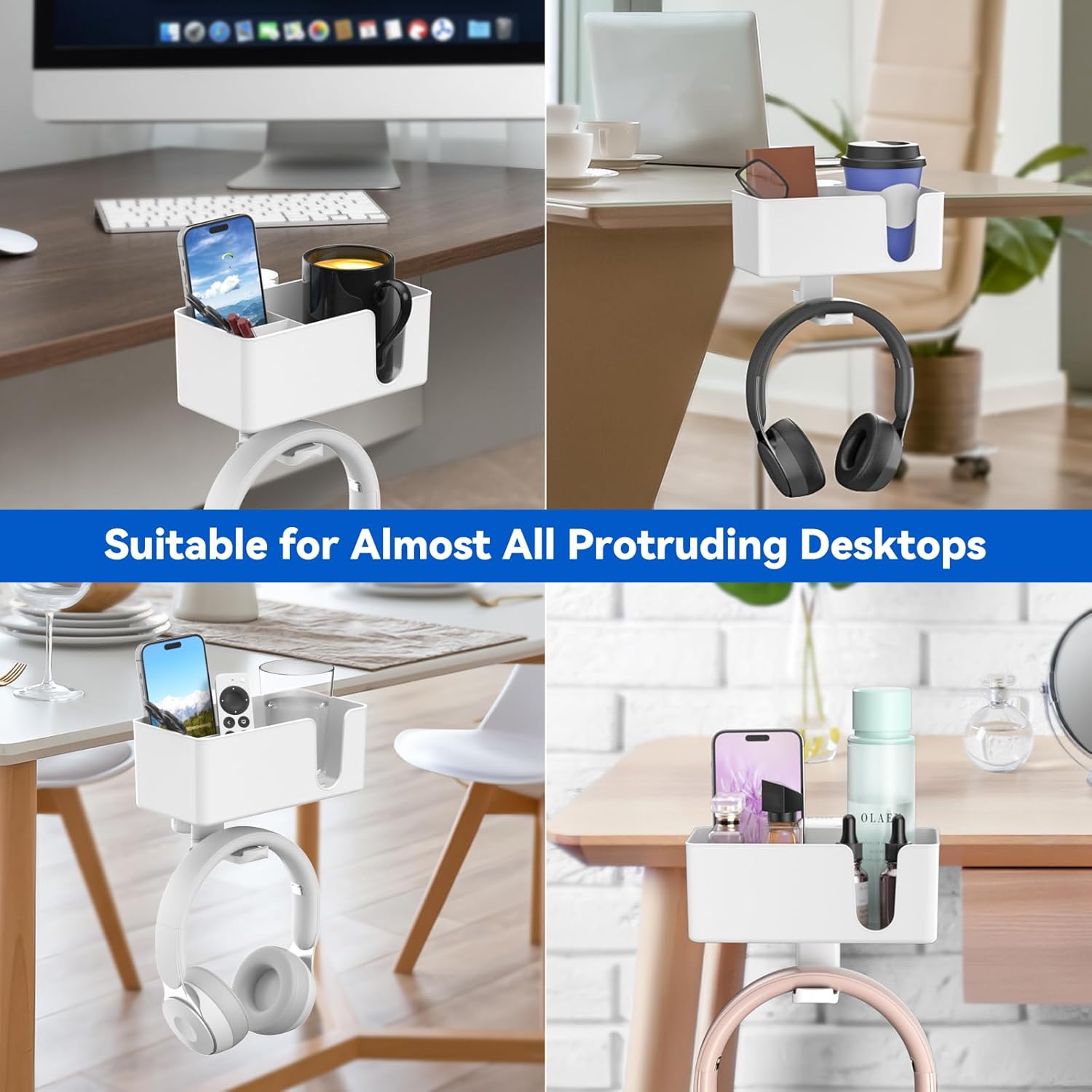 KDD 4-in-1 Desk Organizer - Under Desk Cup Holder and Headphone Hanger with 2 Wire Holes - Rotating Hanger and Detachable Storage for Cup, Phone and Pen (White)